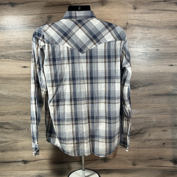 Ariat Retro Fit Shirt Mens Large Blue Brown Plaid Western Pearl Snap Rodeo - Picture 2 of 7